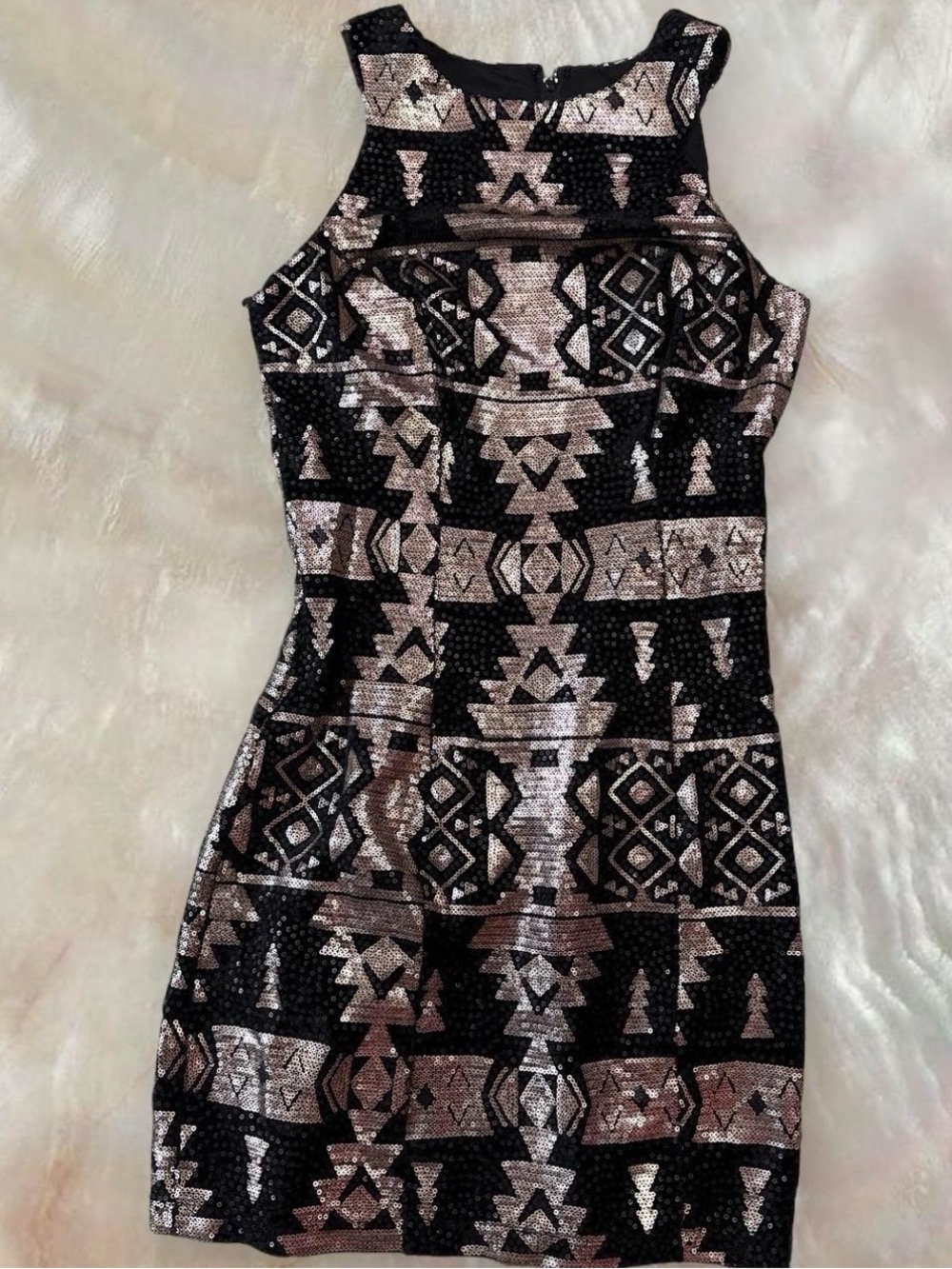 Trixxi Velvety Black & Champagne Gold Sequin Tribal Dress